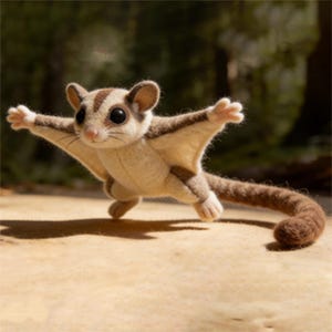 May include: A handmade felt sugar glider in mid-flight, with outstretched arms and a long, curled tail. The glider has a tan body with brown stripes and large, dark eyes. The background is a blurred forest scene.