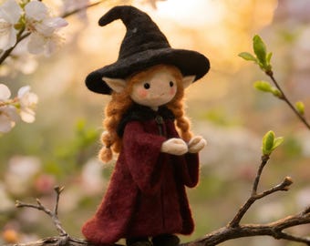 Handmade Felt Witch Doll, Fairy Garden Figurine, Whimsical Woodland Witch Decor, Cottagecore Gnome Plush, Magical Home Ornament
