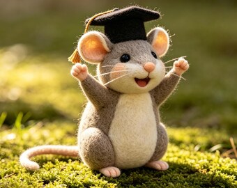 Needle Felted Mouse with Graduation Cap & Book, Book Themed Graduation Gift, Handmade Wool Felt Animal, Graduation Desk Decor