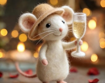 Nadelgefilzte Maus Valentinstag Geschenk, Handgefertigte Wolle Maus mit Herz Ballon & Rose, süße Romantische Tierfigur ， Niedliche Filz-Maus-Dekoration