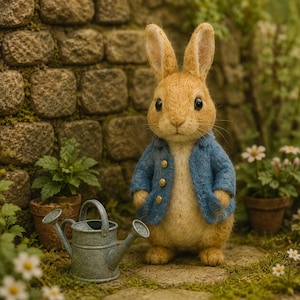 Puede incluir: Un conejo de peluche con una chaqueta azul con botones dorados está de pie cerca de una pequeña regadera de metal. El conejo tiene orejas largas y está situado sobre un fondo de piedra y vegetación, evocando una escena de jardín.