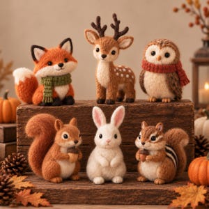 May include: A collection of six needle-felted woodland animal figures including a fox with a green scarf, a deer, an owl with a red scarf, a squirrel holding an acorn, a white rabbit, and a chipmunk holding an acorn, all arranged on a wooden block.