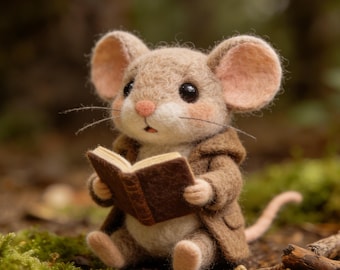 Escultura de ratón de cuento de hadas hecha a mano en fieltro con aguja / Figura realista de lana con abrigo y libro / Regalo fantástico para lectores, decoración de guardería