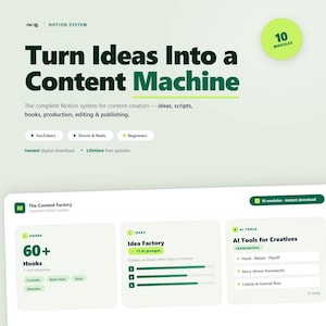 Content Planner Notion Template, Content Creator System, YouTube Planner, Script Templates, Viral Hooks, Social Media Content Calendar