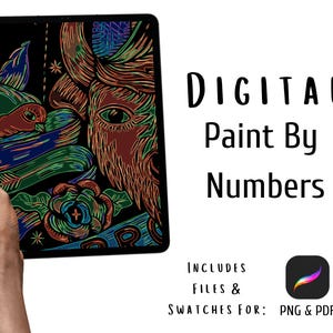 May include: A black tablet shows a vibrant digital artwork featuring a floral and eye motif. The text "DIGITAL Paint By Numbers" is displayed. The image includes files and swatches for PNG and PDF formats.