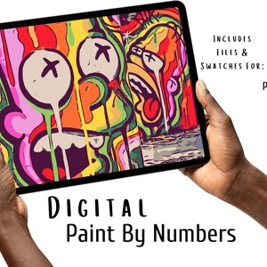 May include: A tablet displaying a colorful digital art piece with the text "DIGITAL Paint By Numbers." The artwork features abstract shapes and bold colors. The tablet also includes the text "INCLUDES FILES & SWATCHES FOR: PNG & PDF."