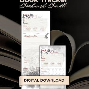 May include: A Book Tracker Bookmark Bundle digital download featuring two white bookmarks with dark red text and rose illustrations. Each bookmark includes fields for title, author, genre, format, start and finish dates, notes, and rating sections for plot, characters, and spice.