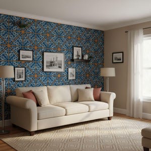 May include: A living room featuring a cream-colored sofa with throw pillows, set against a blue patterned accent wall. The room includes framed artwork, a patterned rug, and a floor lamp, creating a cozy and stylish interior design.