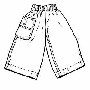 May include: Line drawing of shorts with an elastic waistband and a pocket on the left side. The shorts are knee-length and have a simple, minimalist design, suitable for casual wear.