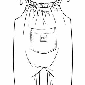 Può includere: Disegno a tratto di un pagliaccetto per neonati. L'indumento ha spalline annodate, uno scollo arricciato e una tasca frontale con una piccola etichetta quadrata. Le gambe del pagliaccetto sono corte e il design è semplice e pulito.