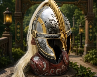 Polished Steel Engraved Medieval Knight Helmet with Plume, Gold Accents