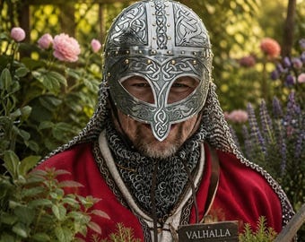 Steel Viking Helmet with Etched Armor and Chainmail Aventail – Vendel Style