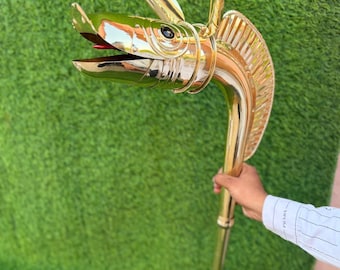 6-Foot Vintage Brass Trumpet Staff: Horse Head Ceremonial Pole, Decorative Floor Accent