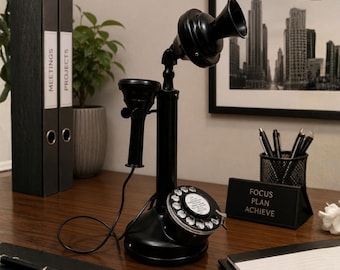 Vintage Candlestick Telephone Decor | Black Retro Desk Accent, Victorian Style Home Office