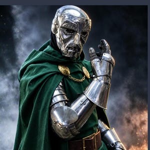 May include: A metallic silver mask with visible rivets and a stern expression, paired with a dark green hooded cloak. The costume includes articulated silver gauntlets and arm armor, secured with gold-toned circular clasps and a brown leather belt.