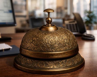 Antique Brass Engraved Service Bell: Vintage Desk Decor, Elegant Office Accent