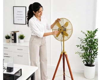 Imperial Brass Tripod Floor Fan – Vintage Wooden Stand Luxury Decor