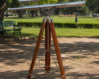 Vintage Nautical Telescope on Wooden Tripod – Brass Chrome Maritime Spyglass Home Decor