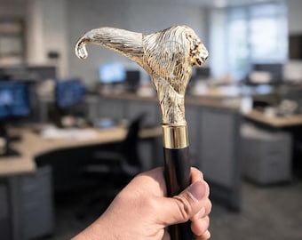 Handmade Lion Head Brass Walking Cane | Decorative Wooden Stick