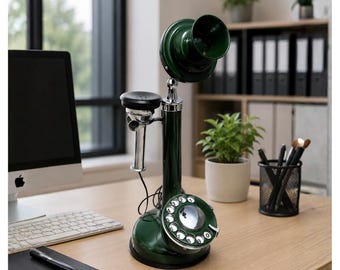 Vintage Candlestick Telephone, Antique Rotary Desk Phone, Green Victorian Decor