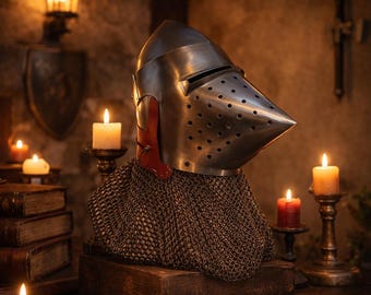 Medieval Pig Face Bascinet Helmet with Chainmail - Wearable Steel Knight Armour