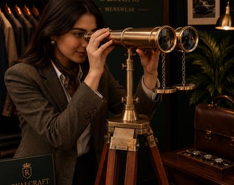 Vintage Brass Binoculars on Wooden Tripod, Nautical Maritime Decor Telescope