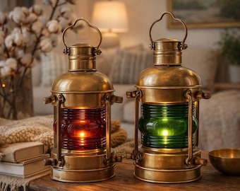 Vintage Brass Oil Lamp – Nautical Lantern with Green & Red Lenses