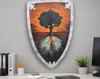 Hand-Painted Warrior Shield – Tree of Life Sunset Design, Medieval Norse Style