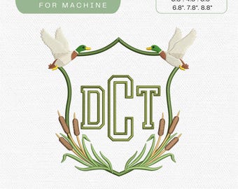 Mallard Duck Crest Embroidery Design, Flying Ducks Cattails Monogram Frame Embroidery File, Southern Preppy Hunting Crest, Instant Download