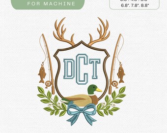Hunting Crest Embroidery Design, Mallard Duck Deer Antler Fishing Crest Frame Embroidery File, Southern Preppy Bow Crest, Instant Download