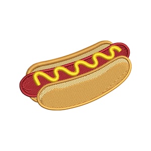 May include: An embroidered patch of a hot dog featuring a tan bun, a dark red sausage, and a bright yellow wavy line of mustard. The design uses dense thread stitching to create a textured appearance with clear outlines and defined color segments.