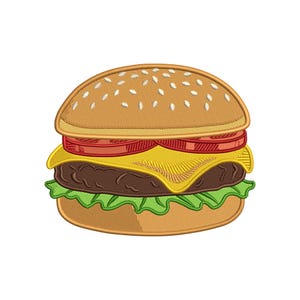 Può includere: Un disegno ricamato di un cheeseburger con un panino color marrone chiaro con semi di sesamo bianchi, una fetta di pomodoro rosso, una fetta di formaggio giallo, un hamburger marrone scuro e foglie di lattuga verde, con trama del filo visibile.