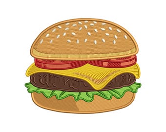 Hamburger Embroidery Design, Burger Machine Embroidery File, Food Embroidery Design, Fast Food Embroidery , 6 Sizes,  Instant Download