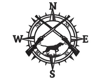 Hunting Dog Compass Machine Embroidery Design, Crossed Rifles Embroidery File, Pointer Dog Outdoor Embroidery, 6 Sizes, Instant Download