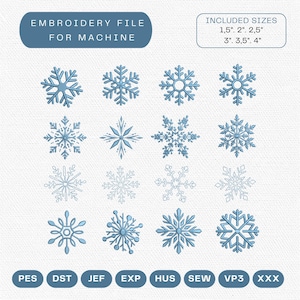 May include: An embroidery file for machine featuring sixteen distinct light blue snowflake designs. Text reads: EMBROIDERY FILE FOR MACHINE and INCLUDED SIZES 1.5", 2", 2.5", 3", 3.5", 4". File formats listed: PES, DST, JEF, EXP, HUS, SEW, VP3, XXX.