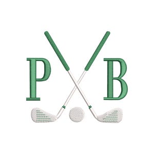 May include: An embroidery design featuring the letters P and B in a green serif font, positioned on either side of two crossed golf clubs with green grips and white heads, accompanied by a small white golf ball centered below the clubs.