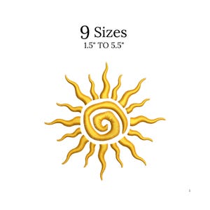 Puede incluir: Un diseño de bordado de sol dorado con un centro en espiral y rayos radiantes. El texto "9 Tamaños" está encima del rango de tamaño de 3,8 cm a 14 cm. El diseño está sobre un fondo blanco.