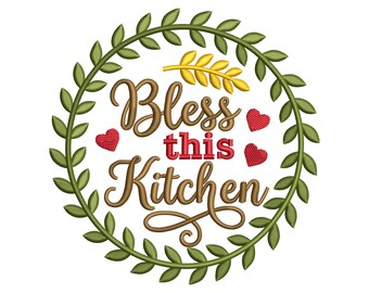 Bless This Kitchen Embroidery Design, Kitchen Embroidery File, Floral Wreath Embroidery, Farmhouse Kitchen Decor, Instant Download PES DST