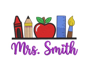 School Supplies Pocket Topper Embroidery Design, Back to School Embroidery File, Personalized Teacher Gift PES DST