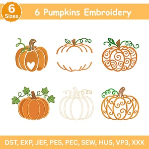 Puede incluir: Conjunto de diseños de bordado digital con seis ilustraciones de calabazas en naranja, marrón y verde. La colección incluye calabazas sólidas, contorneadas y con patrones de espirales, con el texto 6 Sizes y 6 Pumpkins Embroidery.