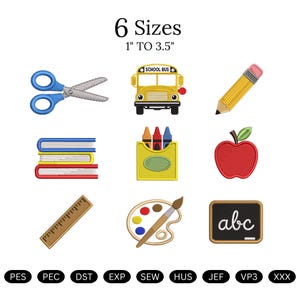 Puede incluir: Una colección de nueve diseños de bordado con temática escolar que incluye tijeras azules, un autobús escolar amarillo, un lápiz amarillo, una pila de tres libros, una caja de crayones, una manzana roja, una regla de madera, una paleta y una pizarra.