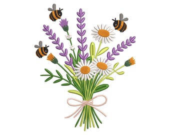 Pode incluir: Buquê bordado de margaridas, lavanda e outras flores silvestres, amarrado com uma fita rosa. Três abelhas de desenho animado com listras pretas e laranja voam ao redor das flores. O desenho está em um fundo branco.