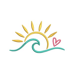 Sunset Embroidery Design, Sun Waves And Heart Machine Embroidery File, Summer Vacation Digital Download, 6 Sizes