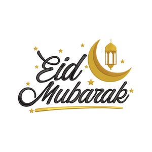 Puede incluir: Diseño bordado con las palabras "Eid Mubarak" en escritura negra. Se presenta una luna creciente dorada y una linterna, junto con pequeñas estrellas doradas. El diseño es probablemente para una celebración festiva.