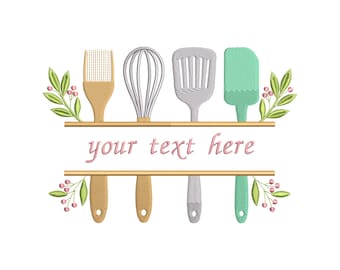 Kitchen Utensils Split Embroidery Design, Cooking Tools Machine Embroidery File, Kitchen Split Frame, 5 Sizes, Instant Download