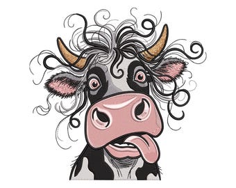 Funny Cow Embroidery Design, Crazy Cow Face Embroidery File, Cute Farm Animal Machine Embroidery, 6 Sizes, Instant Download