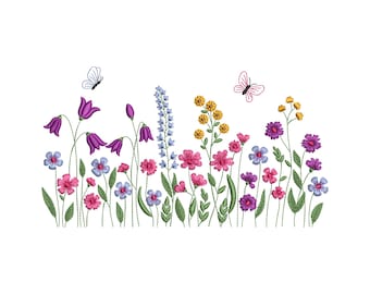 Wildflower Border Embroidery Design, Floral Meadow Garden Flowers, Butterfly Spring Flower Border, 4 Sizes, Instant Download