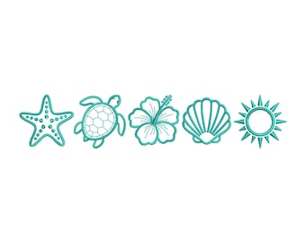 Sea Shells Embroidery Design, Summer Beach Embroidery, Tropical Ocean Theme, Starfish Turtle Hibiscus Shell Sun, 5 Sizes, Instant Download