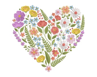 Floral Heart Embroidery Design, Romantic Flower Heart Machine Embroidery File, Spring Wildflower, 6 Sizes, Instant Download