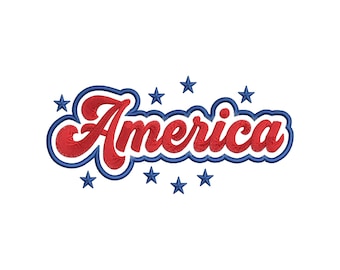 May include: An embroidered design featuring the word America in a bold red script font with a thick blue outline. The text is surrounded by eight small, solid blue five-pointed stars arranged above and below the lettering on a white background.